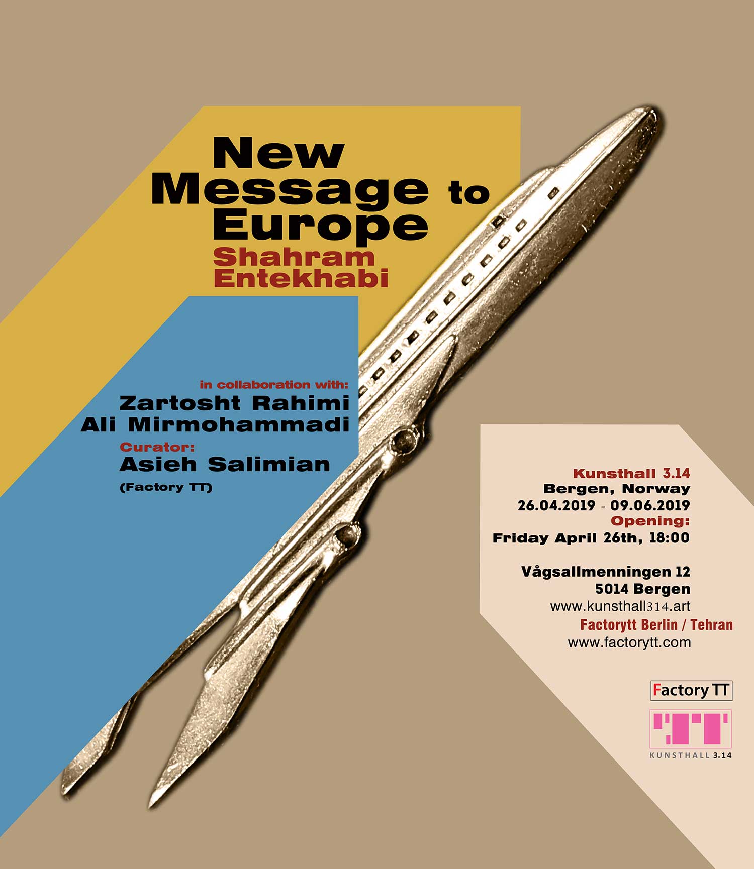 New message to Europe; April - June 2019; Kunsthall 3.14, Bergen, Norway; by Shahram Entekhabi; in collaboration with Zartosht Rahimi and Seid Ali Mirmohammadi; Curated by: Asieh Salimian